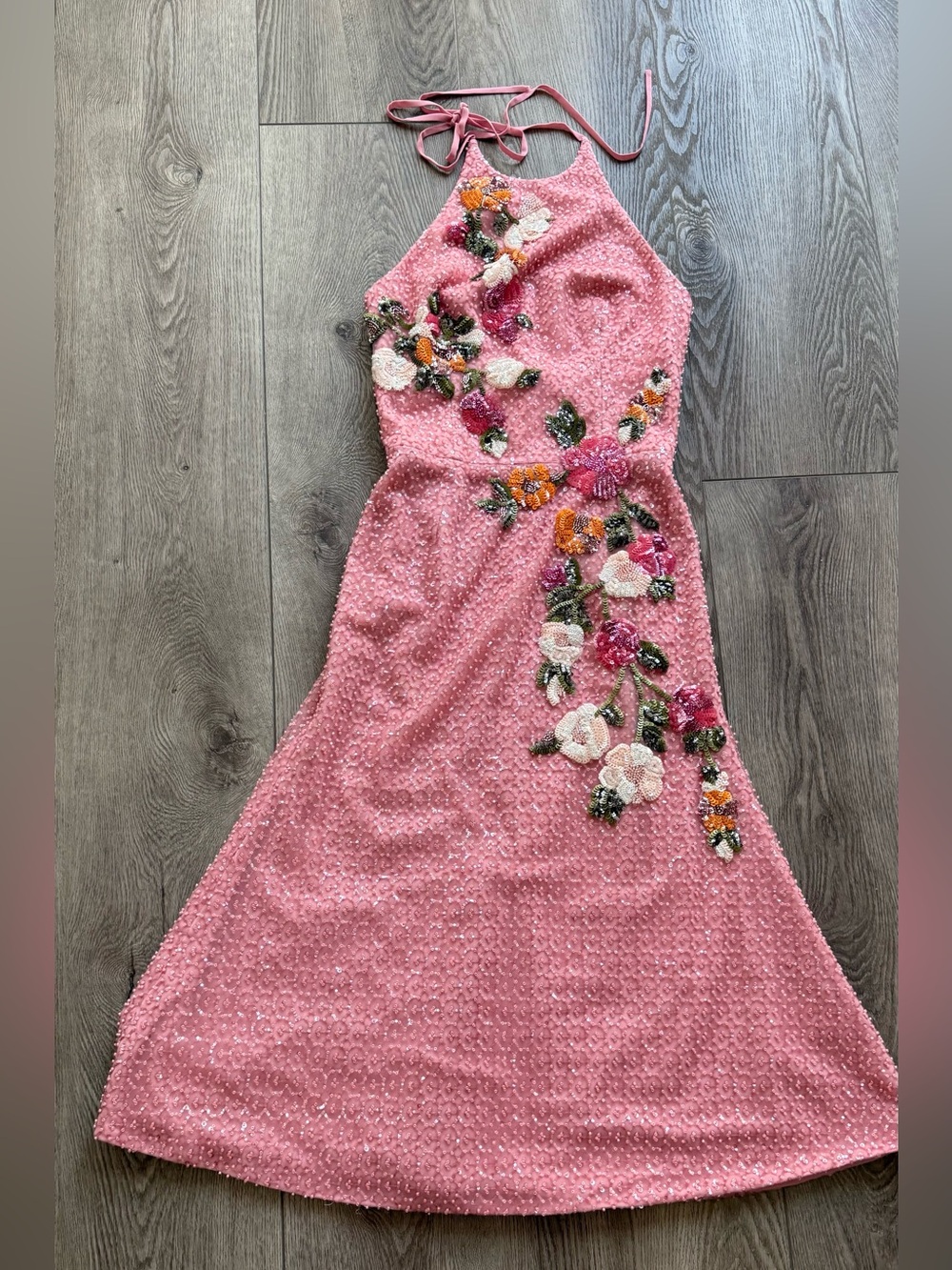 helsi teresa pink sequin floral applique halter A-line midi dress size XS NEW
